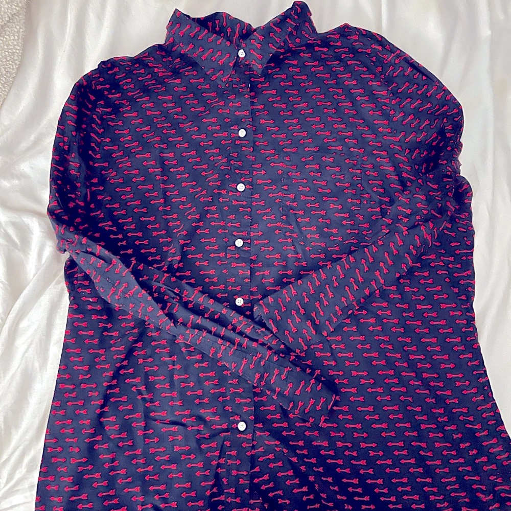 Gap Navy Pink Arrow Cotton Button Down Shrunken Boyfriend Shirt XXL